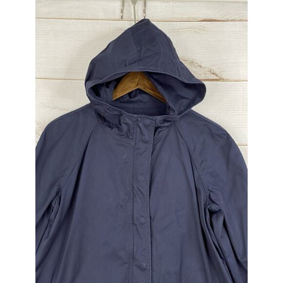 J Crew Trench Coat Womens Size 10 Navy Blue Hooded Snap/Zip Mid Length Cotton - Picture 2 of 13